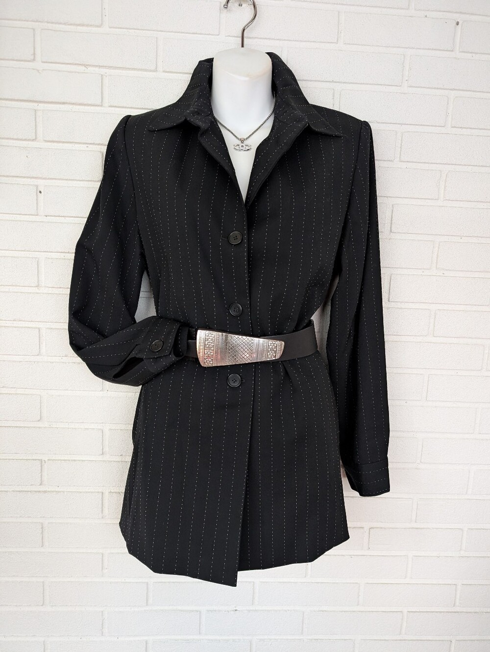 J'Envie Black Pinstripe Women's Long Blazer Jacket with Chico's Belt